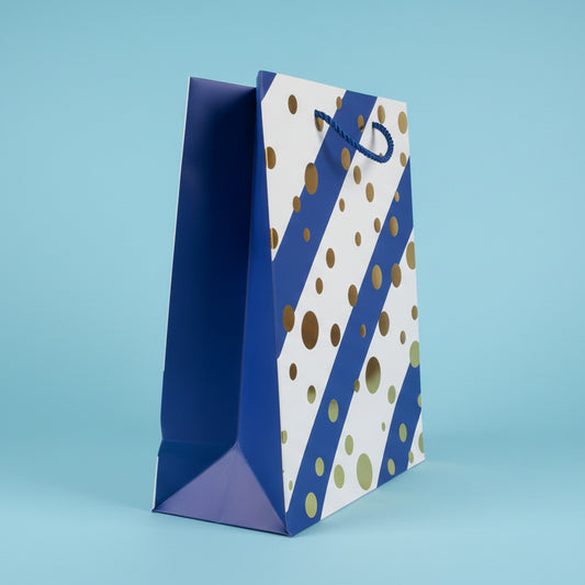 Blue & White Striped Gift Bag - With Gold Dots