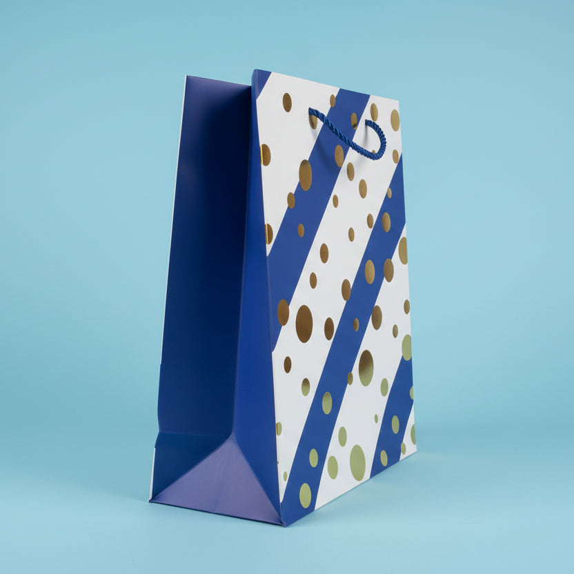 Blue & White Striped Gift Bag - With Gold Dots