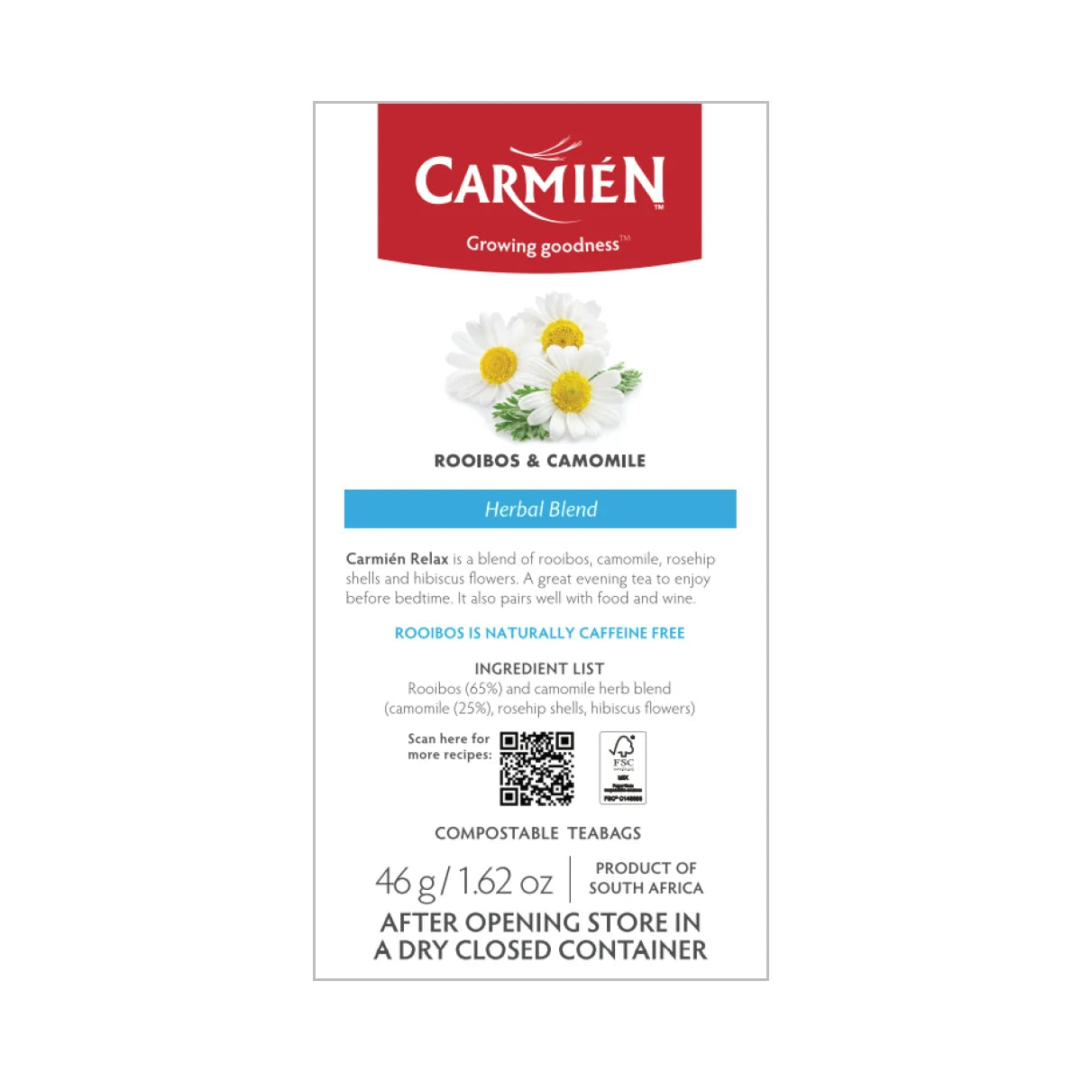 Carmien Relax With Camomile Rooibos Tea (20 Tagless Bags)