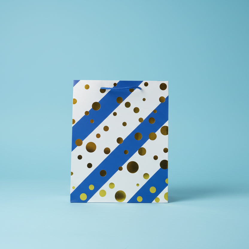 Blue & White Striped Gift Bag - With Gold Dots