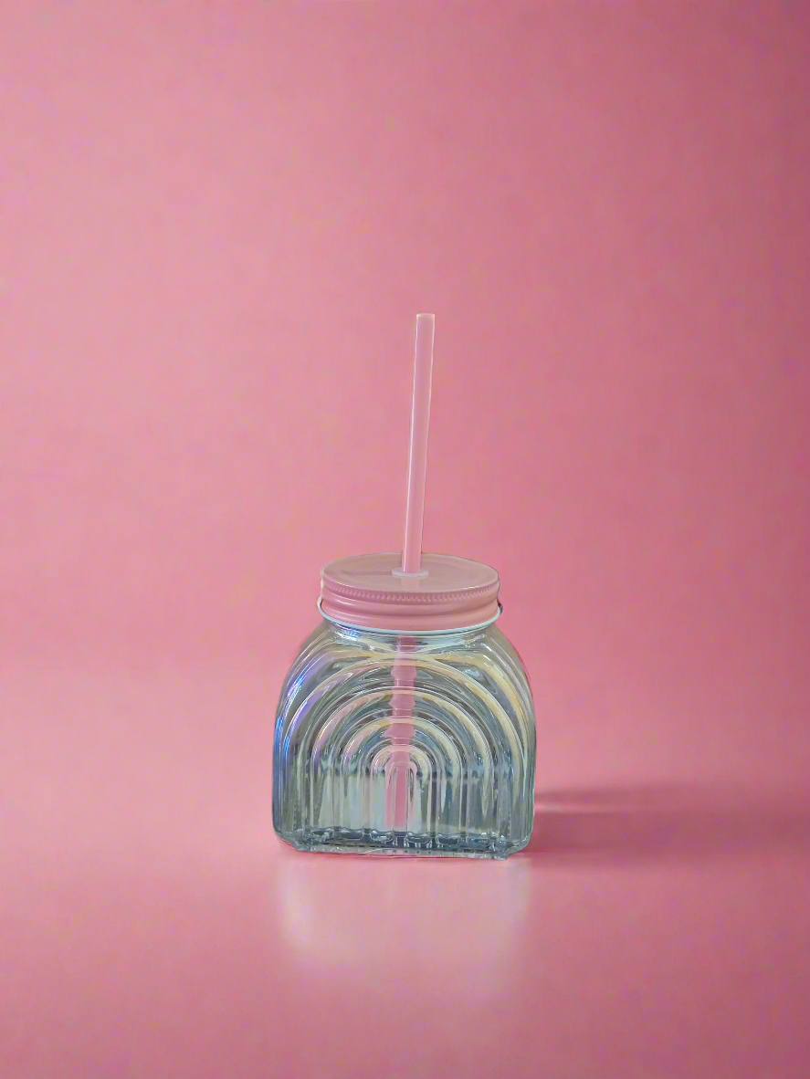 Glass Jar W/Straw Rainbow - Pink