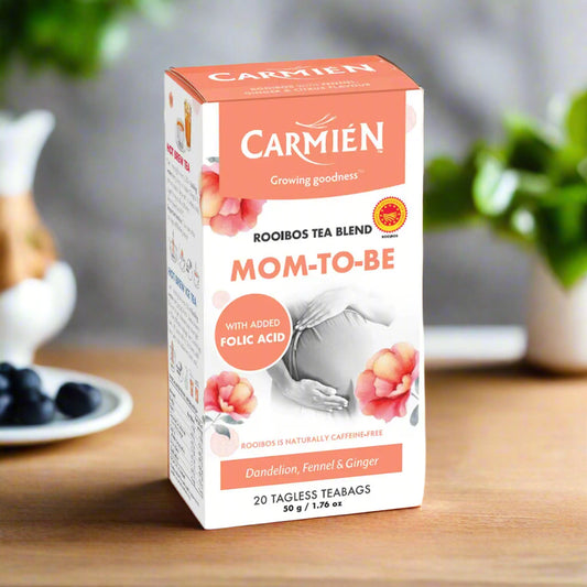 Carmien Mom-to-Be tea blend packaging on a white background