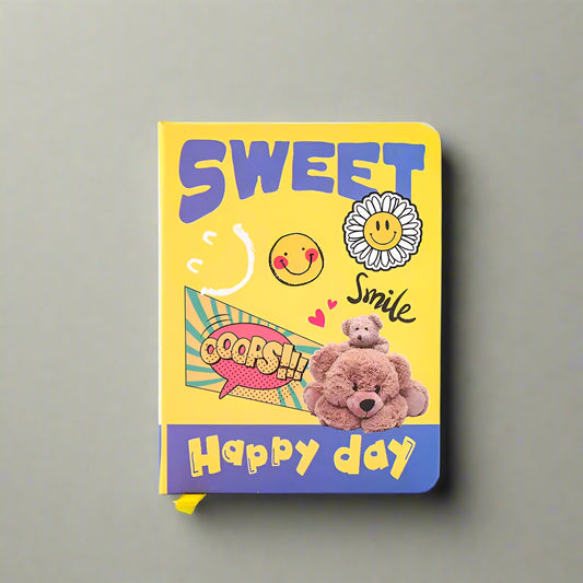 Colorful notebook with cartoon designs and text on a white background